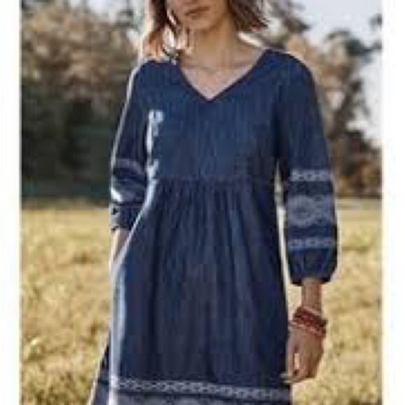 J. Jill Denim Embroidered Indigo Peasant Dress Women's Sz Medium Petite - Picture 2 of 8
